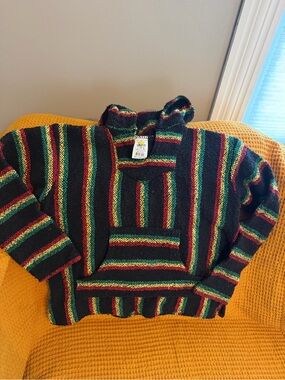 Striped Hooded Baja Sweater in Black, Red & Green